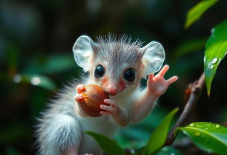 furry little translucent mammal in a rain forest zoomed in, rainbow of light reflection off dew, green and vivid colors, wild fog, large eyes, transparent body, invisible like a jelly fish, huge ears, cute, adorable, eating a nut, fungal hair, see through, waving at viewer