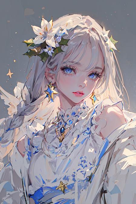 masterpiece, intricate detail,best quality,  <lora:BM94199:0.8>1girl, solo, blue eyes, braid, long hair, hair ornament, earrings, jewelry, star (symbol), grey background, sketch, single braid, flower, looking at viewer, upper body, lips, hair over shoulder, christmas, eyelashes, hair flower, long sleeves