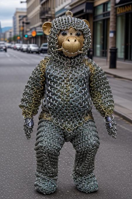 (utltra-detailed, masterpiece, best quality, high resolution:1), (chainmail monkey) walking the streets, sunny day ,  <lora:chainmail-step00004250:1>
