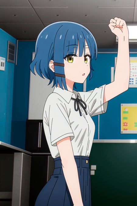 1girl, solo, high_quality, 8k, masterpiece, defined_pupil, vivid_colors, (high_quality_eyes:1.1), 

(classroom_background:1.2), bookshelf,

looking_at_viewer, (from_side:1.2), (hand_up:1.2),

blushed, serious, closed_mouth,

(white_collared_shirt:1.3), (blue_skirt:1.2), (black_neck_ribbon:1.2),

thighs, defined_ass,

(medium_breasts:1.3), perfect_breasts, sexy_body, hairclip, mole, mole_under_eye, short_hair, bangs, blue_hair, <lora:sksryoyamada:0.7>