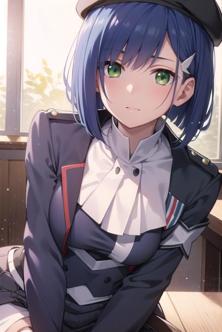 franxxichigo, <lyco:ichigo-lyco-nochekaiser:1>, 
ichigo, blue hair, (green eyes:1.5), hair ornament, hairclip, short hair,
BREAK beret, hat, military, military uniform, uniform,
BREAK looking at viewer,
BREAK indoors, classroom,
BREAK <lyco:GoodHands-beta2:1>, (masterpiece:1.2), best quality, high resolution, unity 8k wallpaper, (illustration:0.8), (beautiful detailed eyes:1.6), extremely detailed face, perfect lighting, extremely detailed CG, (perfect hands, perfect anatomy),