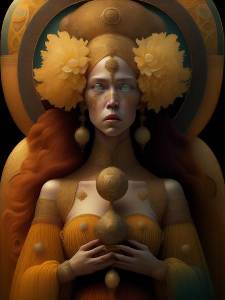 <lora:JamesC.Christensen:1>James Christensen,style, the Celtic Queen, goddess of the sun, exquisite detail, 30-megapixel, 4k, 85-mm-lens, sharp-focus, intricately-detailed, long exposure time, f/8, ISO 100, shutter-speed 1/125, diffuse-back-lighting, award-winning photograph, facing-camera, looking-into-camera, monovisions, elle, small-catchlight, low-contrast, High-sharpness, facial-symmetry, depth-of-field, golden-hour, ultra-detailed photography, shiny metal surface with intricate swirling mother of pearl inlays, raytraced, global illumination