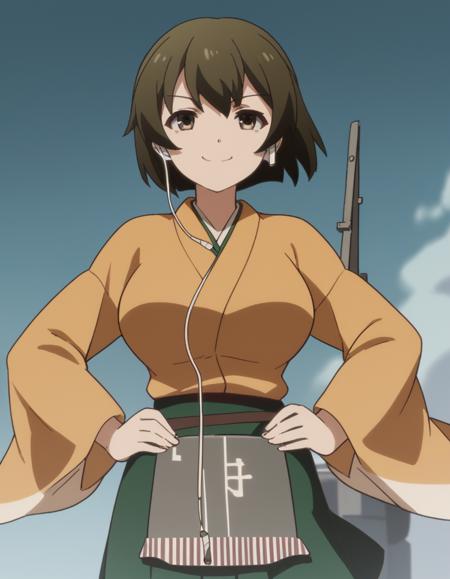 hiryuu, short hair, brown hair, brown eyes, hiryuu (kancolle), large breasts, skirt, japanese clothes, green skirt, long sleeves,