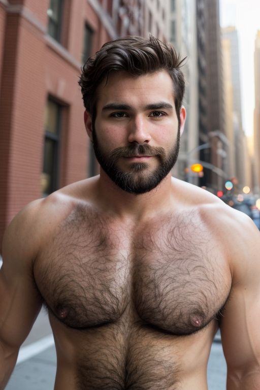 A close-up photo of a handsome hairy fit american bear man, in new York, short hair