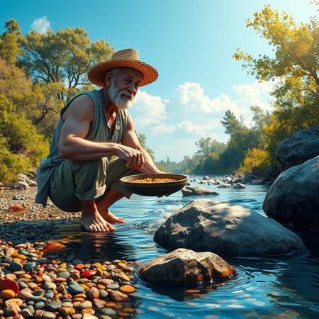 anatomically correct, complex shadows, intricate details, high quality, hi res, best quality, elderly man, muscular, far attire, straw hat, crouching in a river, sifting for gold, narrow river, clear river, colourful rocks, small pebble shore, vivid colours, trees, bushes, small fish in river, the elderly man is happy, there is some gold in his sifting pan, the elderly man isn't wearing boots, the elderly man is barefoot, his pants are rolled up to his knees, the elderly man is up to his knees in the river, clear blue sky, beautiful clouds, light shining through the trees, shadows cast onto the river from the trees overhead, big rocks in river, water flowing around the rocks,