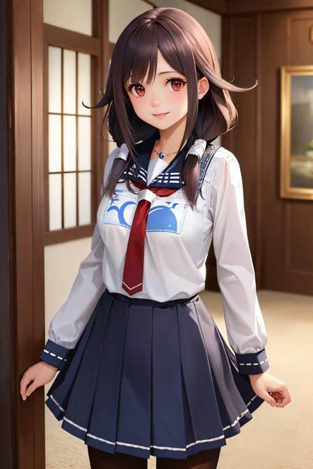 (masterpiece, best quality:1.2), <lyco:kancolle_taigei-10:1.0>, cowboy shot, solo, 1girl, taigei, smile, looking at viewer, arms behind back, low twintails, ahoge, school uniform, serafuku, red necktie, skirt, pantyhose