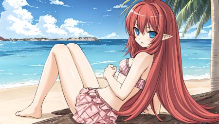 toona,pointy ears, 1girl, solo,  long hair,swimsuit,sitting,  beach,   <lora:ToonaimageTEST-000010:0.4>