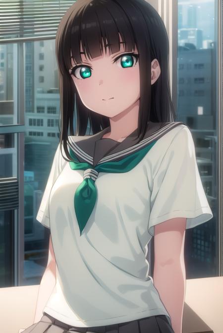 diakurosawa, <lora:dia kurosawa s2-lora-nochekaiser:1>,
dia kurosawa, long hair, bangs, black hair, hair ornament, (green eyes:1.3), sidelocks, hairclip, blunt bangs, mole, mole under mouth,
BREAK skirt, school uniform, short sleeves, pleated skirt, serafuku, socks, neckerchief, kneehighs, black socks, green neckerchief, grey skirt, uranohoshi school uniform,
BREAK indoors, classroom,
BREAK looking at viewer, (cowboy shot:1.5),
BREAK <lyco:GoodHands-beta2:1>, (masterpiece:1.2), best quality, high resolution, unity 8k wallpaper, (illustration:0.8), (beautiful detailed eyes:1.6), extremely detailed face, perfect lighting, extremely detailed CG, (perfect hands, perfect anatomy),