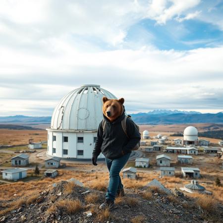 An anthro grizzly bear urban explorer wearing a black hoodie is exploring an abandoned space observatory in rural Kazakhstan. The bear is carrying a backpack. A large dilapidated white dome dominates the site with many other buildings in various states of disrepair. There are great hills and mountains behind grasslands in the background. It is early noon in autumn and the sky is cloudy with a beautiful gradient of blue.