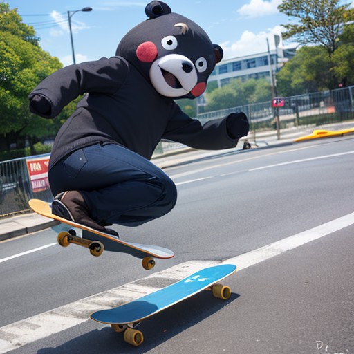 kumamon ,jumping, skateboard , street<lora:kumamon-ADF-000008:0.8>