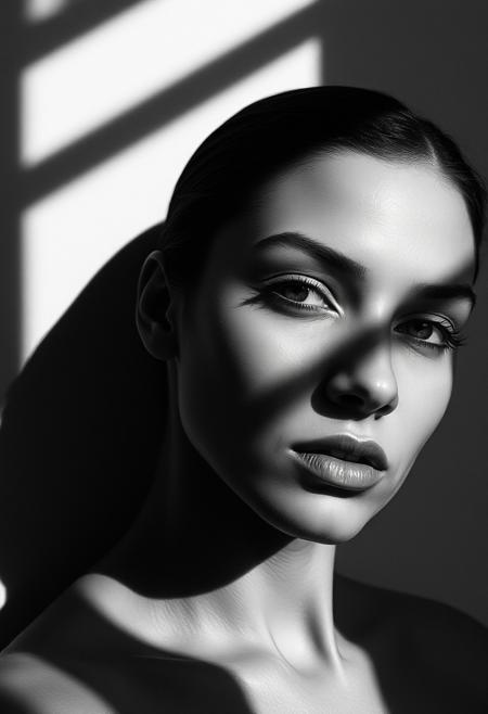 a black and white photo of a woman with shadow., in the style of minimalist beauty, light bronze and bronze, serene faces, sharp edges, karencore, high definition, contrast shading, realism