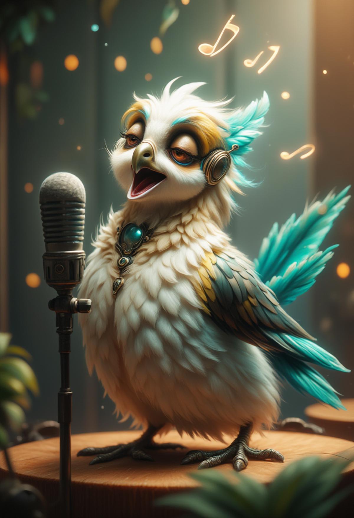 The anthropomorphic bird, wearing elegant headphones, stands proudly in front of a high-quality microphone and sings the song "O Sole Mio" with all his heart in a modern recording studio. Musical notes fly through the air. The soft, neutral-tinted lighting creates an atmosphere of concentration and calm, highlighting the bright blue feathers on his head and tail. His eyes are closed as he speaks into the microphone with clear passion and concentration, capturing the essence of his artistry. The background is a minimalist but artful blend of warm and cool tones, further emphasizing the presence and creativity of the central figure. This unique scene shows the beauty of combining animal and human elements in a modern, trendy setting. ,  <lora:glowing_flux.safetensors:1.0>,  <lora:FluxDFaeTasticDetails.safetensors:1.0>,