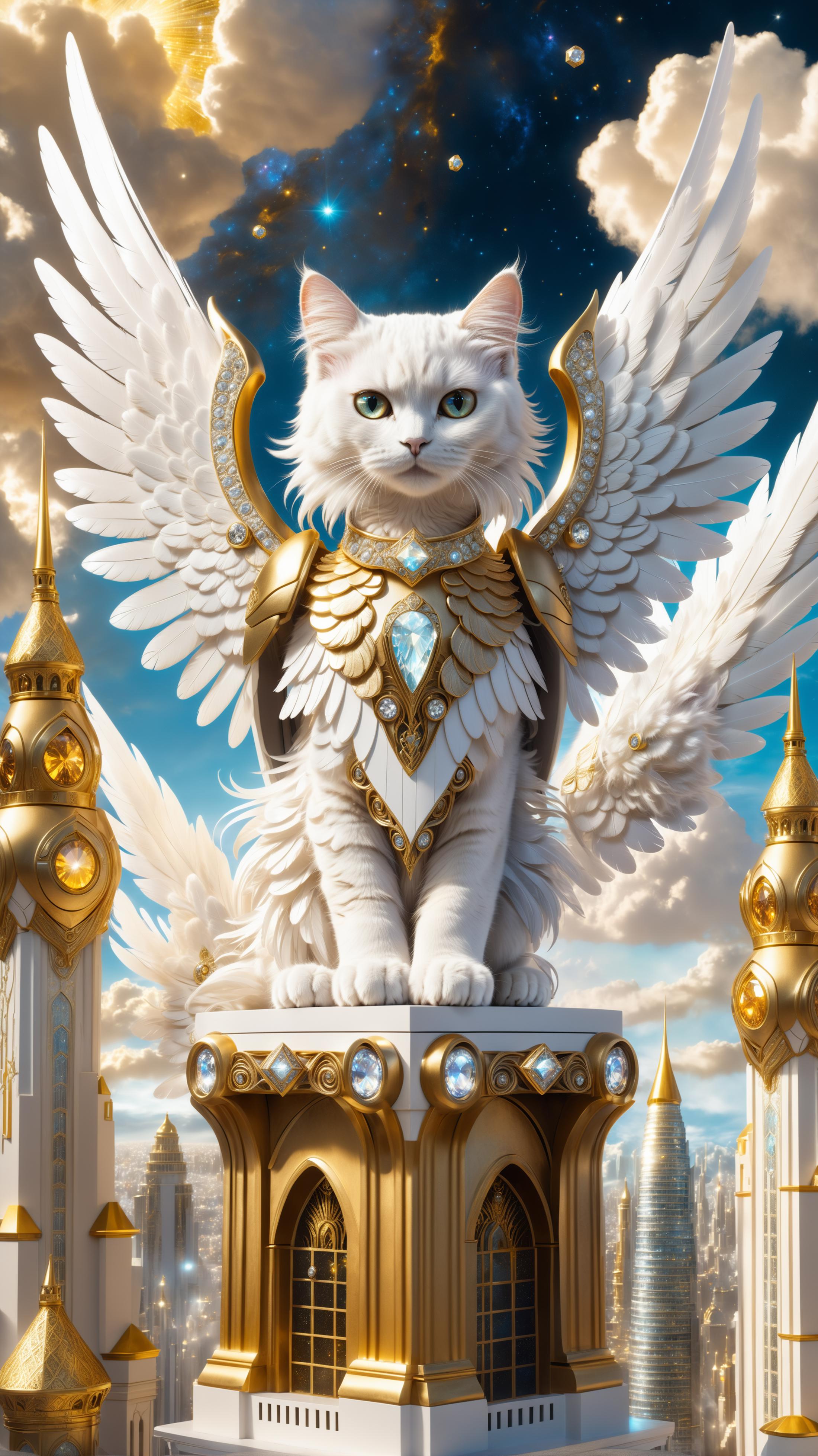 A white and gold cat with wings and a golden crown is sitting on a pedestal.