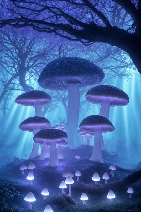 misty enchanted forest, glowing mushrooms scattered on the forest floor, ancient trees with twisting branches, soft blue and purple lighting, gentle fog rays through trees, fantasy magical vibe, high detail forest floor
