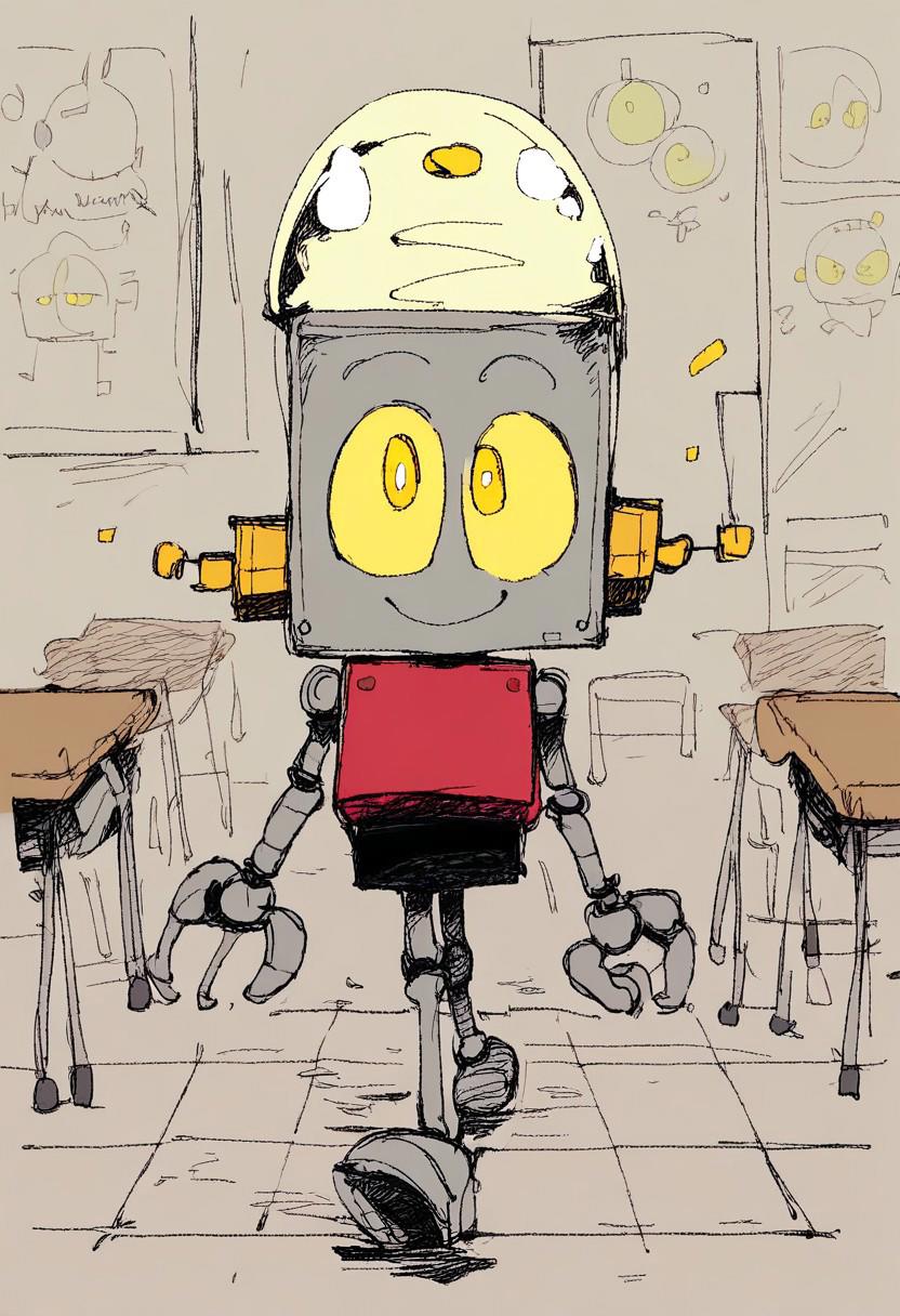 score_9, score_8_up, score_8, robot_whtrj, robot, yellow eyes, solo, full body, small, smile, walking, looking at viewer, (sketch lines:0.6), classroom, hires, cartoon