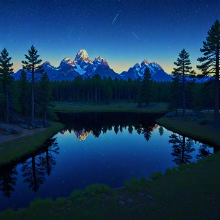 (art by Atey Ghailan:1.3) , anime key visual, majestic, landscape of a Cute Feigned (Grand Teton National Park:1.3) from inside of a Bissau, highly detailed, dense trees and Pisces constellation in background, at Twilight, Simple illustration, Light, Figurative Art, Light caustics, Zoom lens, Autochrome, (zebra print and Blue:0.7) , Swirling dark blue, absurdres, Flickr
