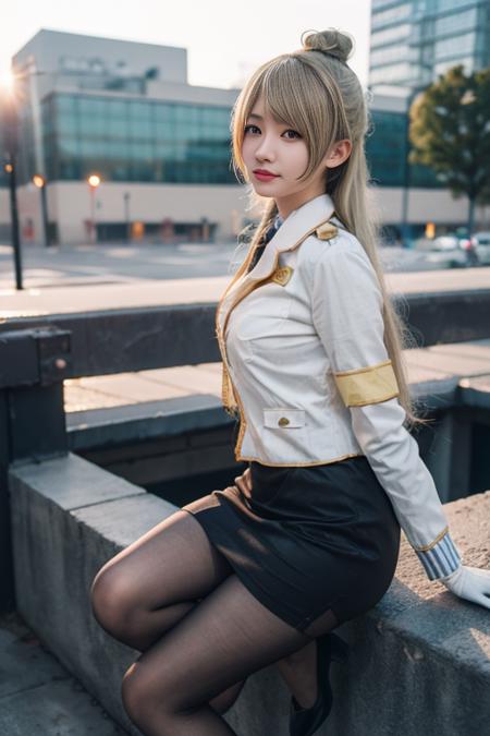 minami kotori, cosplay police uniform, long hair,  blonde hair,bangs, side ponytail,single hair bun, police uniform, policewoman, skirt, pantyhose,high heels, 