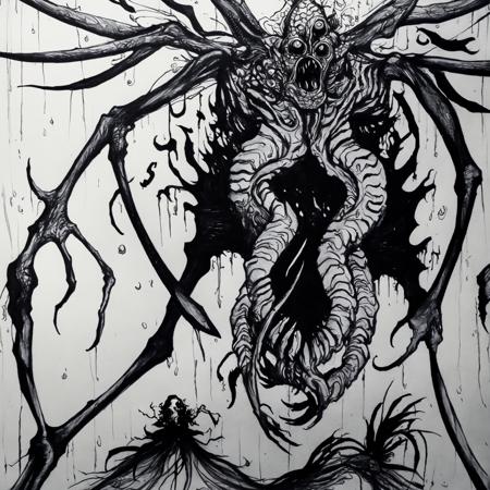 (from above)DrawMonster(illustration),quill and ink(drawing) Monster,spider with poision dripping out of it's mouth,on grass,
<lora:MonsterLora02:1>,