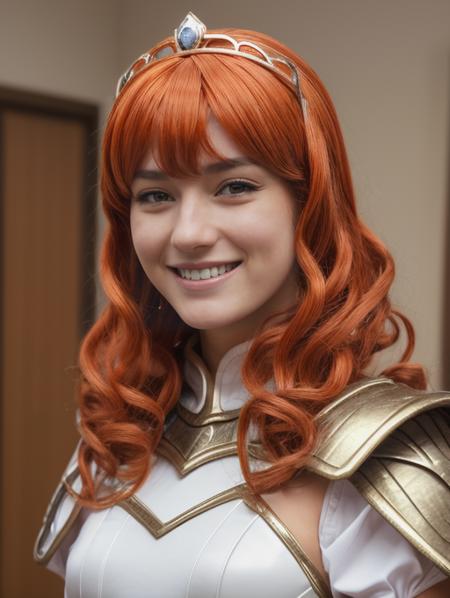 best quality, masterpiece, highres, detailed, digital illustration,  <lora:Detail - add_detail:0.2>, CelicaFE, cosplay convention, white armor, tiara, smile, posing,  <lora:Character - CelicaFE:0.6>, orange hair wig, 30 year old girl,