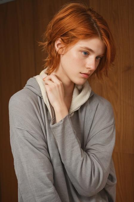 too cute to be true, 18 years old,  close-up, messy hair, (exposed breasts), baggy clothes, armpit, irish ginger