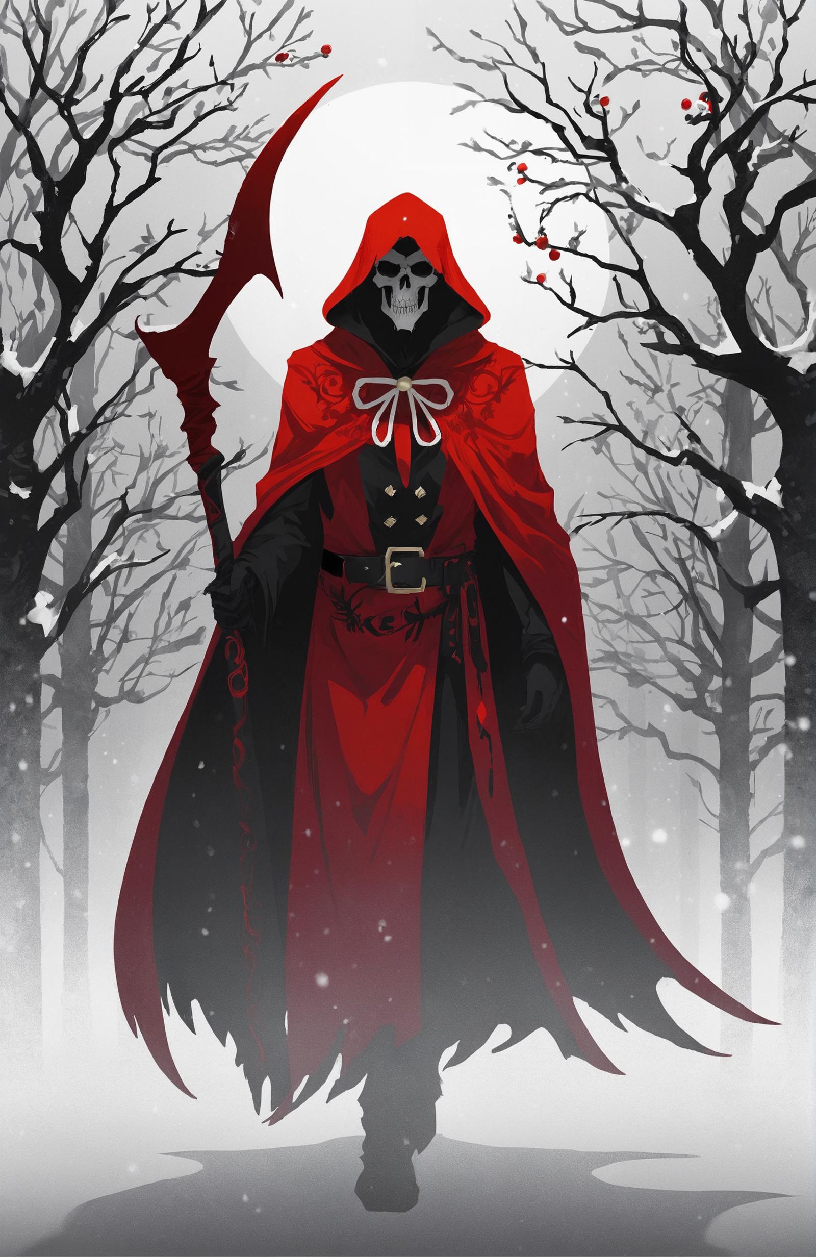A cartoon drawing of a skeleton wearing a red robe and holding a scythe.
