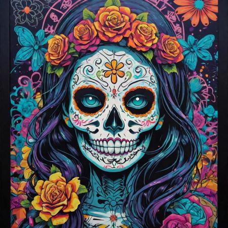 glow in the dark poster, hyper detailed in the style of light box, in the style of playful graffiti-inspired murals,  dia di muertos , psychedelic manga, contrasting shadows, terrorwave