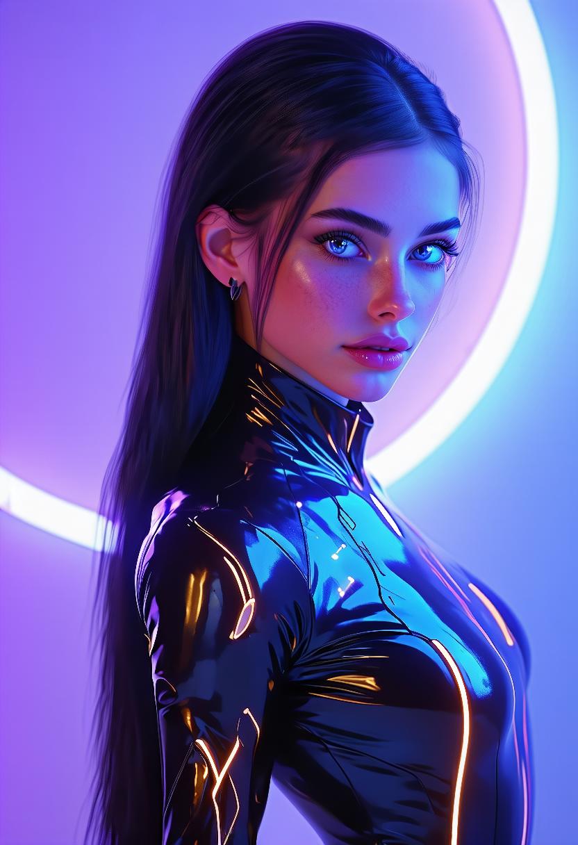 highly detailed digital illustration in a vibrant, futuristic style, it features a young woman with a slender, athletic physique and fair skin, she has long, dark hair that cascades over her shoulders, and her eyes are a striking blue, giving her a mysterious and alluring appearance, her lips are full and slightly parted, adding to her enigmatic allure, she wears a sleek, black, high-tech suit with a high collar and intricate, glowing blue and orange accents, suggesting a futuristic or cybernetic theme, the suit is form-fitting, accentuating her small to medium-sized breasts, the background is a gradient of dark blue and purple hues, with a circular, glowing circular pattern behind her, adding a sense of depth and movement, the overall color palette is dominated by blues, purples, and pinks, enhancing the futuristic and sci-fi aesthetic, the illustration is highly polished, with smooth textures and vibrant colors, typical of high-end digital art
