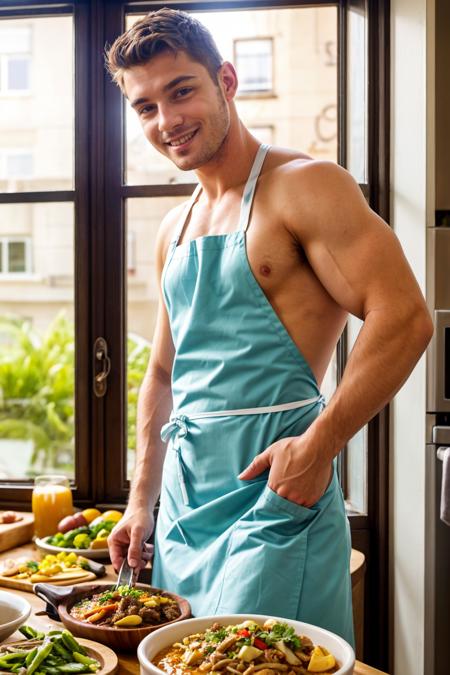 photo of a man cooking in the kitchen wearing naked apron, (20 years old), (smirk:0.7), food, window, large pectorals, leaning in, realistic, masterpiece, intricate details, detailed background, depth of field,