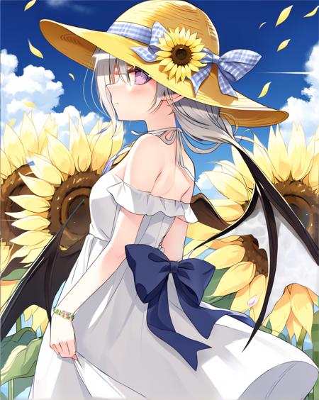 1girl, solo, flower, dress, hat, wings, long_hair, sunflower, white_dress, purple_eyes, day, outdoors, looking_at_viewer, sky, cloud, bare_shoulders, blue_sky, blush, bangs, braid, very_long_hair, closed_mouth, hat_flower, straw_hat, water_drop, sun_hat, hair_between_eyes, brown_headwear, ribbon, eyebrows_visible_through_hair, demon_wings, petals, bow, hair_ribbon, silver_hair, off_shoulder, hat_ribbon, yellow_flower, sleeveless, sundress, looking_to_the_side, flower_field, sleeveless_dress, blurry, white_ribbon, standing, field, depth_of_field, hat_bow, white_bow, cloudy_sky, off-shoulder_dress, hands_up, from_side, low_ponytail, looking_back, blurry_foreground, lens_flare, black_wings, bracelet, plaid, bare_arms, sunflower_hair_ornament