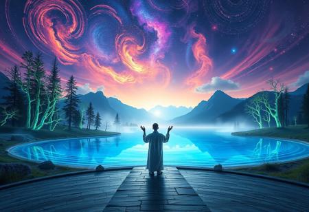 A mystical, ethereal landscape at twilight with a glowing crystal lake at its center, reflecting a radiant, multicolored sky of swirling nebulae and distant galaxies. Tall, bioluminescent trees with intricate, glowing patterns line the edges of the lake, while delicate mist swirls above the water’s surface. At the horizon, majestic mountains rise into the sky, their peaks crowned with iridescent clouds. In the foreground, a lone figure dressed in flowing robes stands on a smooth stone path leading to the lake, their hands raised in a gesture of summoning magic, surrounded by softly glowing orbs of light. The scene is infused with an otherworldly calm and deep sense of wonder, as if time itself is slowing down in this serene, alien realm.