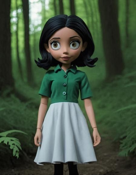 Monochrome <lora:CivitAI_ALL:1> CivitAI Fusion Style,a doll in a green dress standing in the woods, theother motherfromcoraline , as a claymation character, coraline, mahira khan as a dd wizard, still from animated horror movie, claymation character, brandon woelfel, realistic cosplay, photorealistic disney, still from alita, stop motion character . Black and white, contrast, tone, texture, detailed