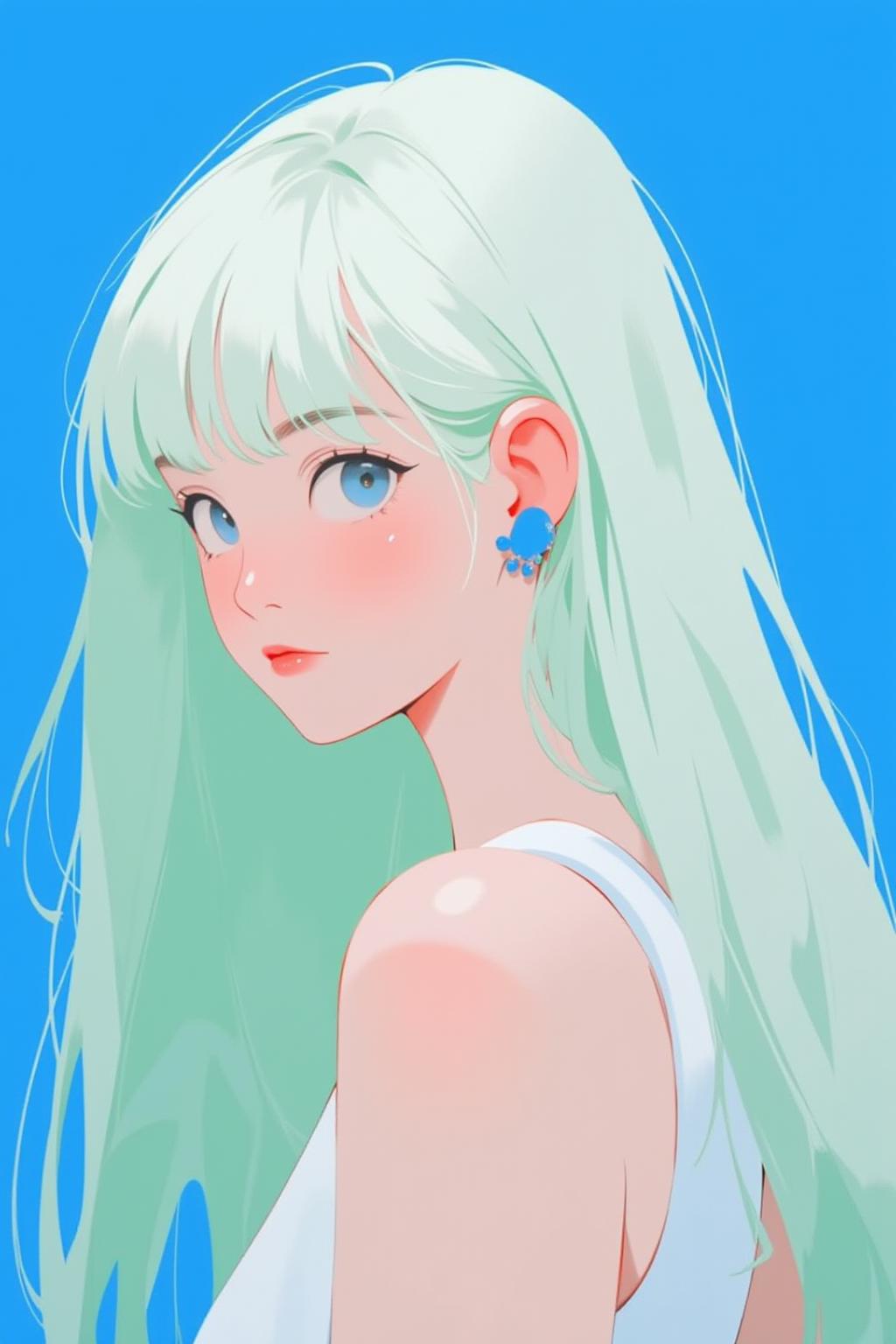 flat pic, 1girl, solo, looking at viewer, white hair, blue background, simple background, long hair, upper body, green hair, from side, blush, lips, closed mouth