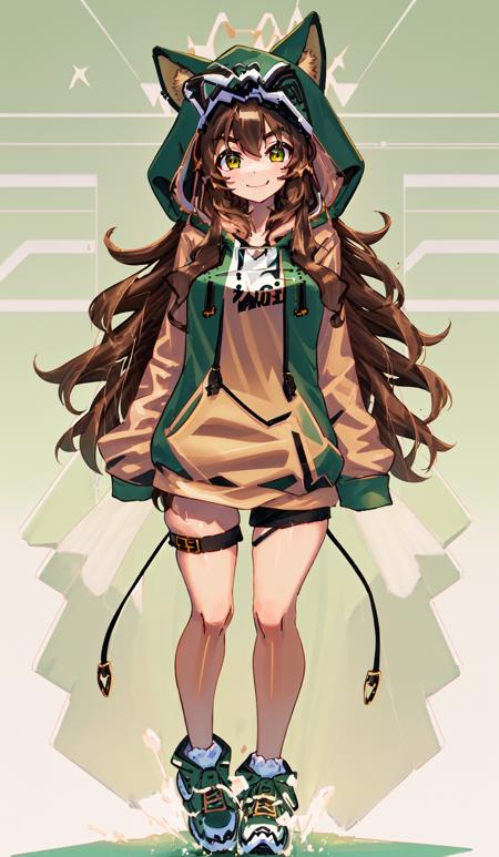 vtubermodel of 1girl , long brown hair, brown eyes , fluffy weasel ears , big eyebrows ,(green hoodie:1.3), high quality , extra detailed , rendered, white background, full body, smiling<lora:VtuberMakerV2:0.9>