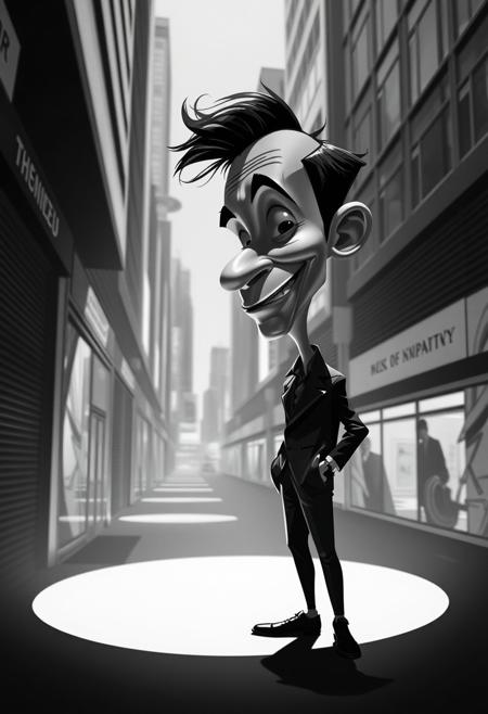 A classic black and white image of a caricature figure in a surreal urban setting. Artistic lighting, abstract patterns, cinematic composition, geometric simplicity, timeless elegance, introspective mood.