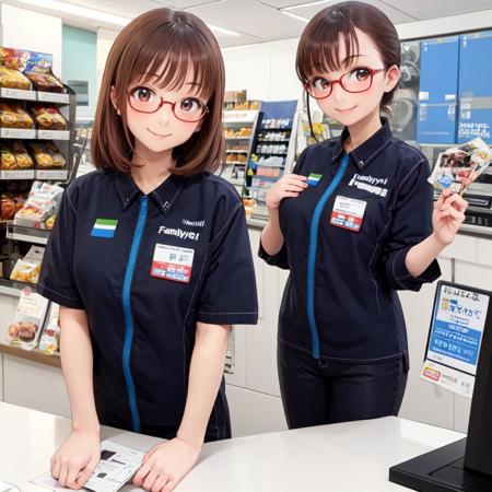 masterpiece, best quality, ultra-detailed, illustration,
famimaU, employee uniform, japan, id card, uniform, name tag, shirt,
1girl, glasses, brown hair, smile, looking at viewer, 
famima, scenery, indoors, japan, shop, shirt, food, cashier, monitor,
<lora:FAMIMA_scenery_SD15_V1:0.8>