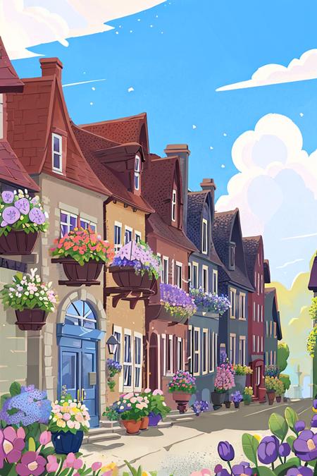 stores, stores, bakeries, outdoors, trees, no one, landscape, clouds, sky, roads, meadows, days, houses, buildings, plants, flowers, blue sky, pots, shrubs, windows, purple flowers, doors, streets, flower pots, stairs <lora:Child illustrationa_20230804152414:0.78>, (illustration:1.0), masterpiece, best quality,