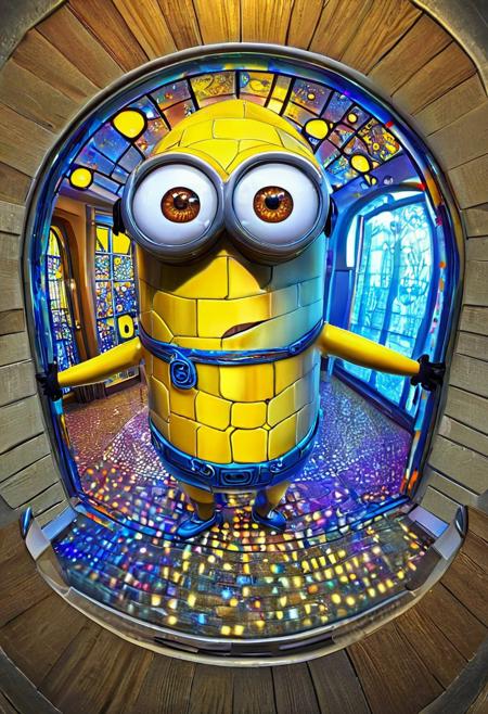 Stained glass illustration, ((novuschroma54 style)), Minion, Minion made of glass, Minion looking at viewer, selfie, arms out:2, smiling, MinionStyle, ultra-wide angle, 4mm fisheye, f1sh3y3,
