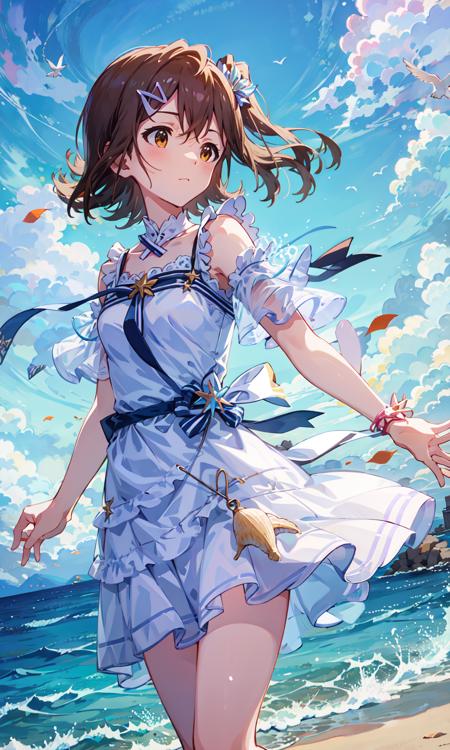 mirai kasuga (million live), (best quality, 8K, masterpiece, ultra detailed:1.2), wide shot, depth of field,
day, sea, seagull, seashell, skyline, beautiful clouds, floating hair, white dress, (hairclip)