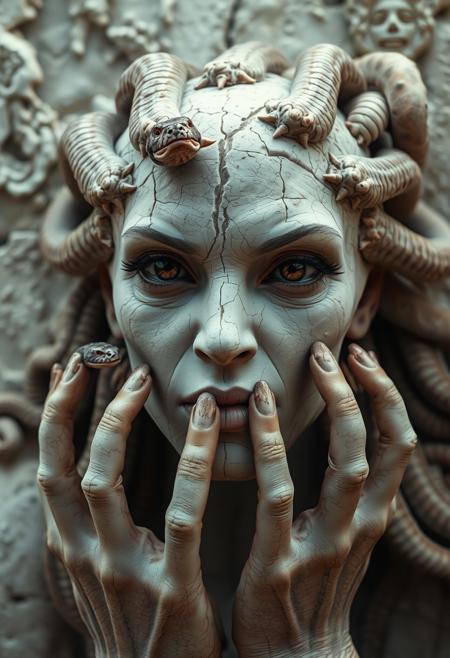 Medium shot of Medusa, pale white cracked skin, dusty white rock face, horror, snakes growing out of her head, dramatic, (masterpiece, best quality, high quality), hyperdetailed, highres, intricate detail, HDR, 8k, sharp focus, detailed background, perfect hands, realistic eyes, detailed skin texture, subsurface scattering, realistic, temple, dark, photorealistic,