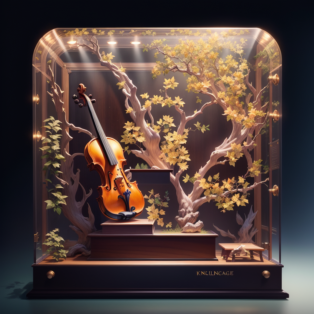 (knollingcase:1.2), ((Only one complete violin on display:1.1)), Violin parts, Sheet Music, Acrylic display cabinet,(White...