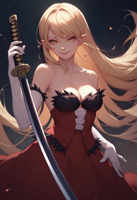 kiss-shot red dress, white gloves, elbow gloves, bare shoulders, cleavage