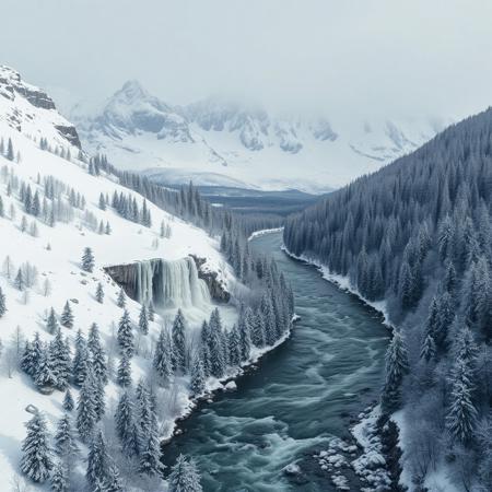 Medieval, D&D, contrast, a snowy mountain range, a half frozen waterfall, a fast flowing river and snowy forests, real photo, 4k