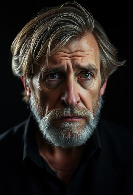 Emotional portrait photograph of a middle aged European man saddened by the realization of a wasted life. He looks disheveled with unkempt hair and beard. He does not manage to control his despair and tear roll on his face.
The portrait is lit like a Rembrandt masterpiece with a pitch black backdrop.
He says is a monotone. "too old and too ugly for only fans. I waste my life on AI waifu. I need help."