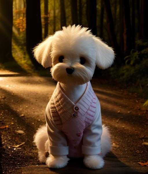 A small white dog wearing a pink sweater and sitting on a sidewalk.