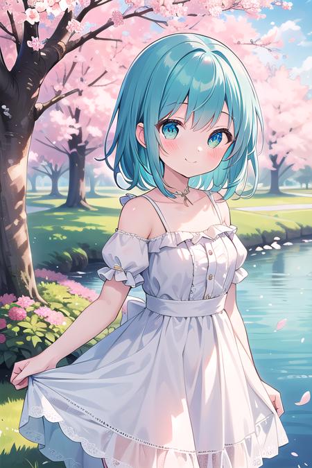 (masterpiece), best quality, outdoors, cherry blossoms, sunlight, lake, dappled sunlight, light particles, light rays, 1girl, blush, smile, medium hair, aqua eyes, white dress, puffy sleeves, frills