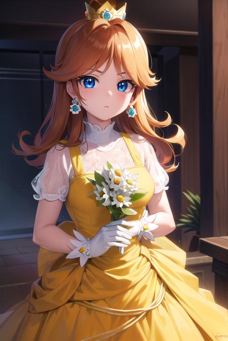 princess daisy, blue eyes, long hair, orange hair, crown, daisy, dress, flower, gem, gloves, orange dress, puffy short sleeves, puffy sleeves, short sleeves, white gloves,