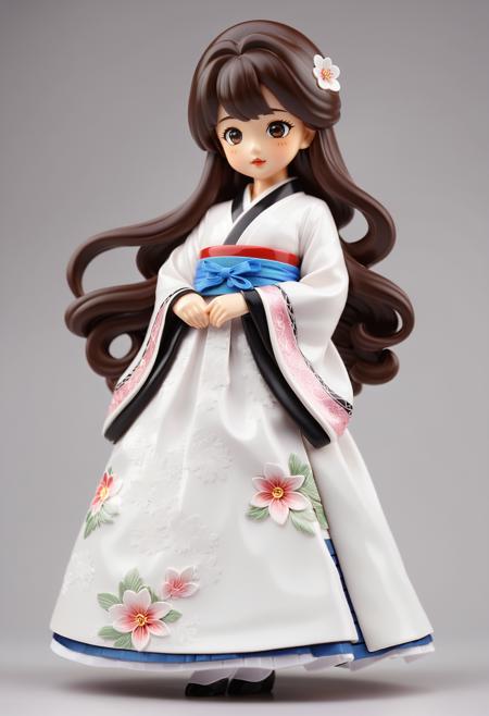 1girl, (asian:1.25) girl, figurine, anime style, dark brown hair, detailed hair, volume hair, radiant eyes, realistic, pretty face, detailed lips, glossy skin, simple background,  highly detailed traditional hanbok, playful pose,