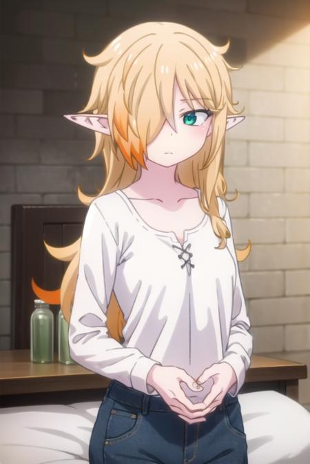 reviewerzel, <lora:reviewer zel female s1-lora-nochekaiser:1>,
zel, long hair, blonde hair, (green eyes:1.3), pointy ears, (hair over one eye:1.5), elf,
BREAK shirt, long sleeves, pants, denim, jeans, (white shirt:1.5), collarbone,
BREAK indoors, bed,
BREAK looking at viewer, (cowboy shot:1.5),
BREAK <lyco:GoodHands-beta2:1>, (masterpiece:1.2), best quality, high resolution, unity 8k wallpaper, (illustration:0.8), (beautiful detailed eyes:1.6), extremely detailed face, perfect lighting, extremely detailed CG, (perfect hands, perfect anatomy),