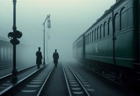 mysterious, distant train, de Chirico, surrealism, departure, arrival, dramatic lighting, long exposure, 8k, haunting, eerie, shadowy figures, misty atmosphere, deserted station, fog, mist, vintage, surreal, haunting, departure, arrival, dramatic composition, dramatic perspective, chiaroscuro lighting