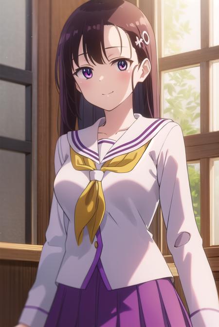 hitomihino, <lora:hitomi hino s1-lora-nochekaiser:1>,
hitomi hino, long hair, black hair, hair ornament, (purple eyes:1.1), smile,
BREAK skirt, school uniform, pleated skirt, serafuku, white skirt, shirt, purple shirt, sailor collar, white sailor collar, long sleeves, neckerchief, yellow neckerchief,
BREAK indoors, classroom,
BREAK looking at viewer, (cowboy shot:1.5),
BREAK <lyco:GoodHands-beta2:1>, (masterpiece:1.2), best quality, high resolution, unity 8k wallpaper, (illustration:0.8), (beautiful detailed eyes:1.6), extremely detailed face, perfect lighting, extremely detailed CG, (perfect hands, perfect anatomy),